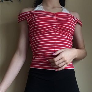 red and white striped off the shoulder tee
